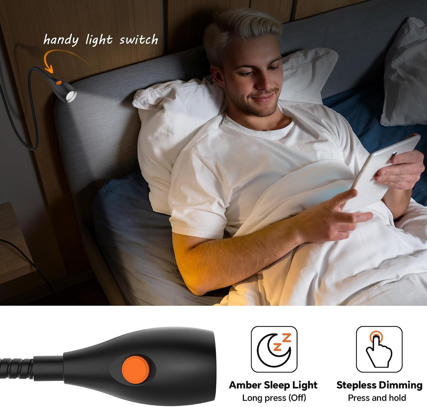 Wall Mounted Reading Light, Minimalist Headboard Mount Book Light, Dimmable LED with Lamp Head Switch Reading Lamp, USB-C Powered, CRI 95+ (4000K + Amber Nightlight) (Black)
