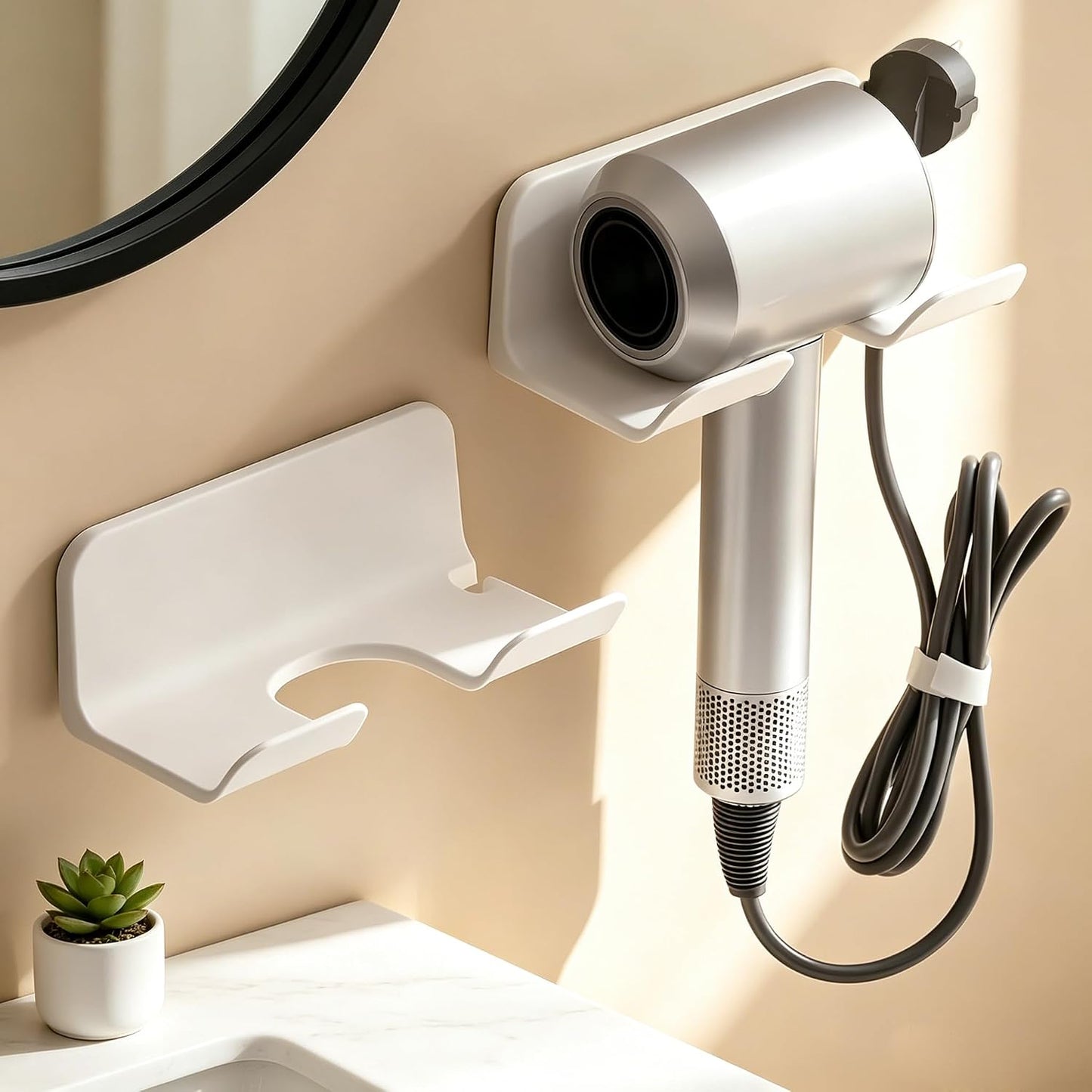Universal Hair Dryer Holder, Self Adhesive Wall Mount, White | Universal storage rack fits most brand blow dryers, ideal for bathroom organization