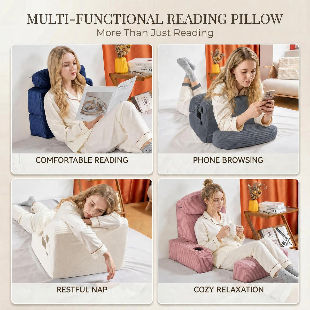 21 INCH Reading Pillow for Adults, Back Pillow for Bed Sitting Up, Backrest Pillow for Sitting in Bed, Detachable Arms with Built-in Cup & Phone Caddy (Gray, 21 INCH)