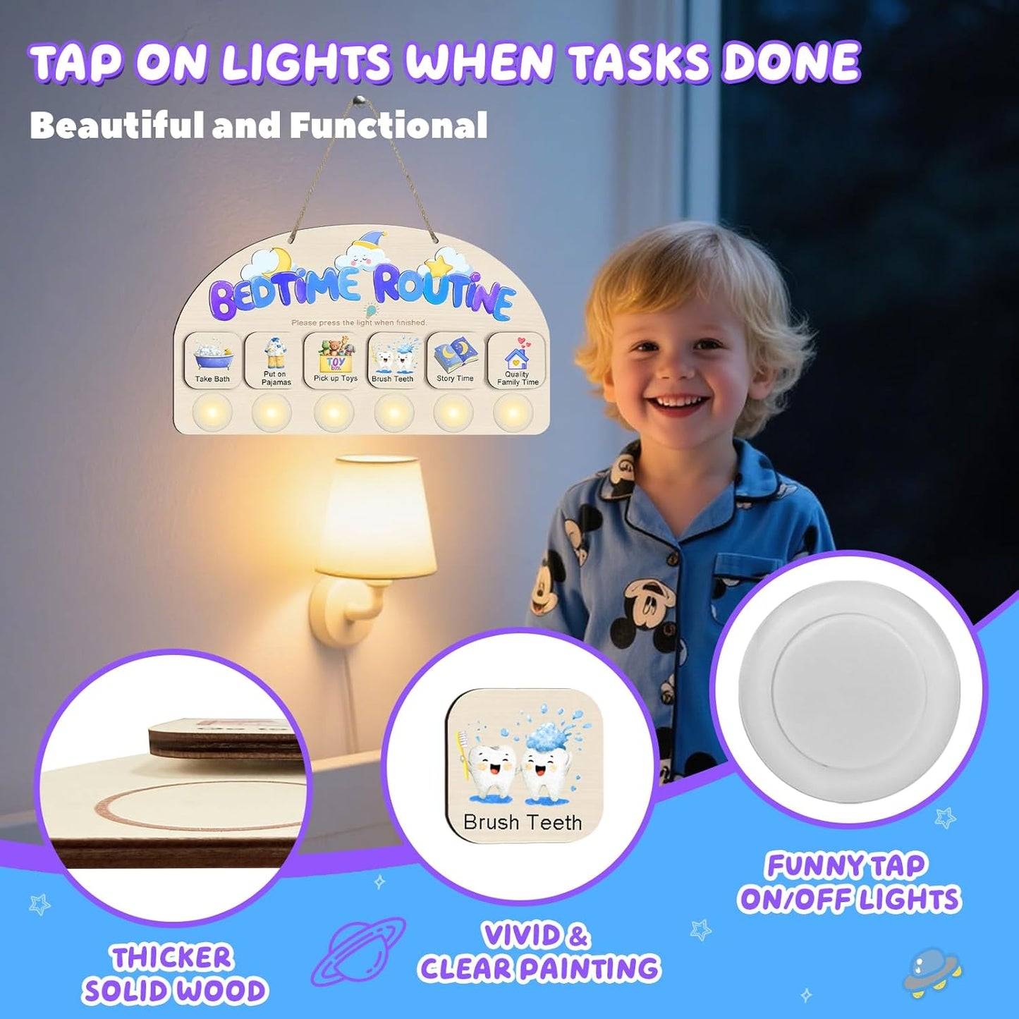 Morning Routine Chart for Toddlers, Visual Schedule Chart Planner | to Do List with 6 Tap Lights & 10 Activity Cards, Wooden Checklist Schedule Board for Kids, Autism, Preschoolers, ADHD Tools