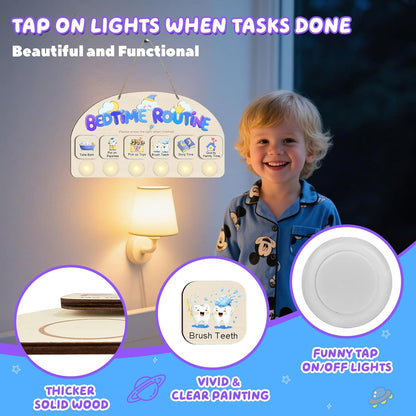 Morning Routine Chart for Toddlers, Visual Schedule Chart Planner | to Do List with 6 Tap Lights & 10 Activity Cards, Wooden Checklist Schedule Board for Kids, Autism, Preschoolers, ADHD Tools