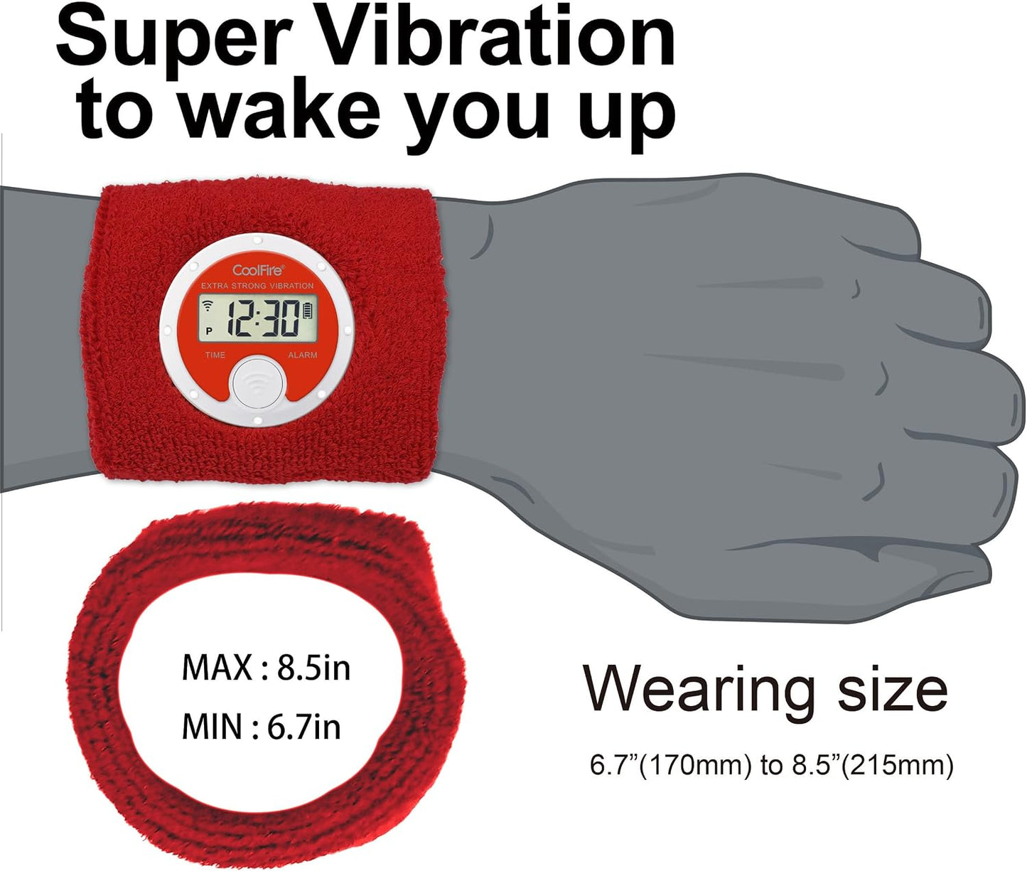 Coolfire - Vibrating Alarm Clock Sweatband, Silent Wake Yourself Up Wristband Vibrating Alarm Watch for Couples, Students, Easy to Set on User-Friendly App, Hearing Impaired, USB Chargeable