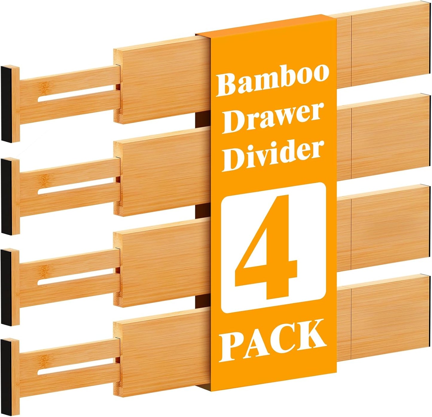 Bamboo Drawer Dividers, 12-21 Inch Kitchen Adjustable Drawer Organizers | Expandable Dresser Separators for Clothes, Ideal for Kitchen, Bathroom, Vanity, Office Organization and Storage, 4-Pack