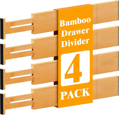 Bamboo Drawer Dividers, 12-21 Inch Kitchen Adjustable Drawer Organizers | Expandable Dresser Separators for Clothes, Ideal for Kitchen, Bathroom, Vanity, Office Organization and Storage, 4-Pack