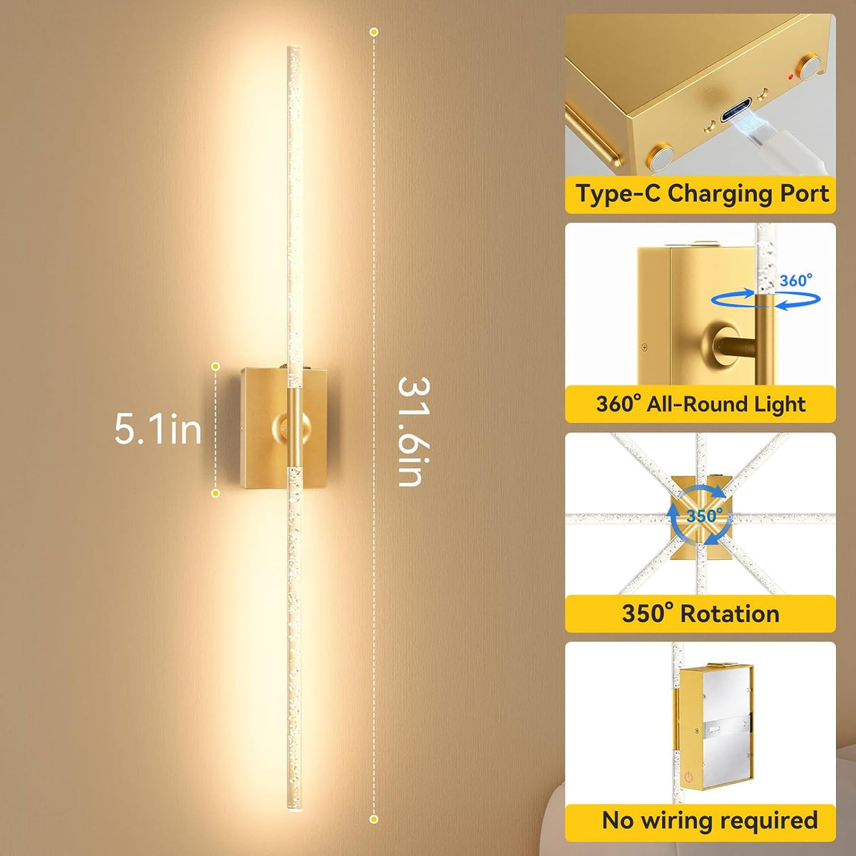 Battery Operated Wall Sconces Set of 2, Remote Control, 10000mAh, Black