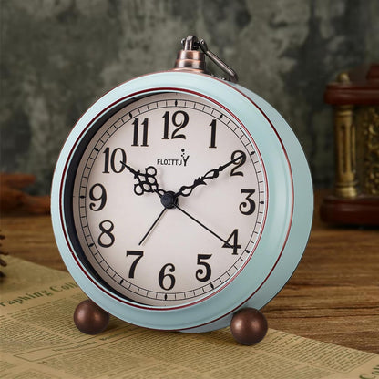 FLOITTUY 4.5" Battery Operated Antique Retro Analog Metal Alarm Clock, Silent Bedside Desk Clock, Wall-Hanging Vintage Clock(Exquisite Bronze)