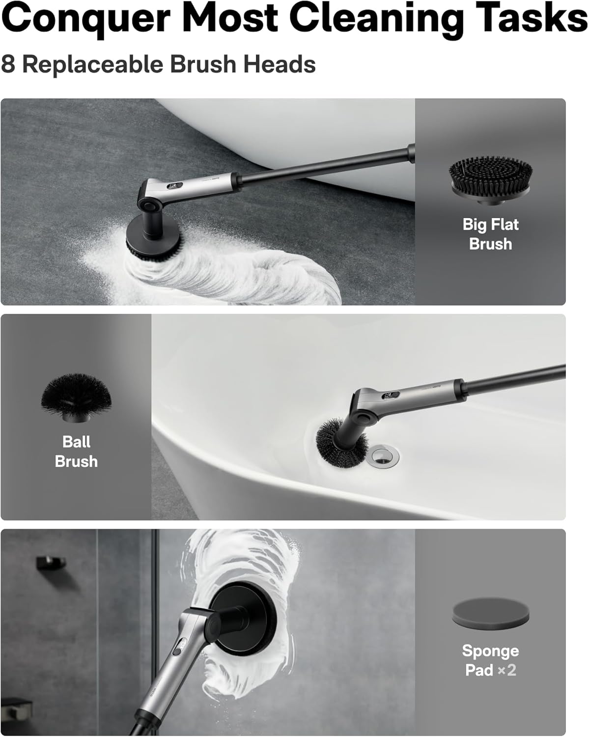 HOTO Flexi™ Cordless Electric Spin Scrubber, for Bathtub, Bathroom, Tile | Adjustable Angle, Extendable Handle, Smart Display, IPX7 Waterproof, Powerful Cleaning Scrubber with 8 Brush Heads