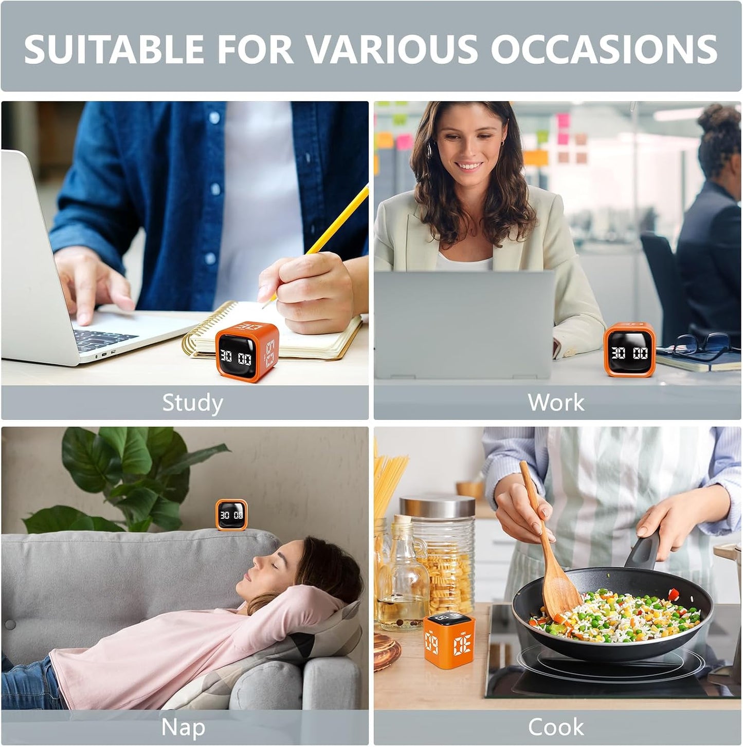 GuDoQi Multi-Function Cube Timer, 5/10/30/60 Min & Custom Count Down, Included Pause & Resume Feature, Silent, Vibrate & Adjustable Sound Alarm for Productivity in Tasks, Study & Kitchen, Purple