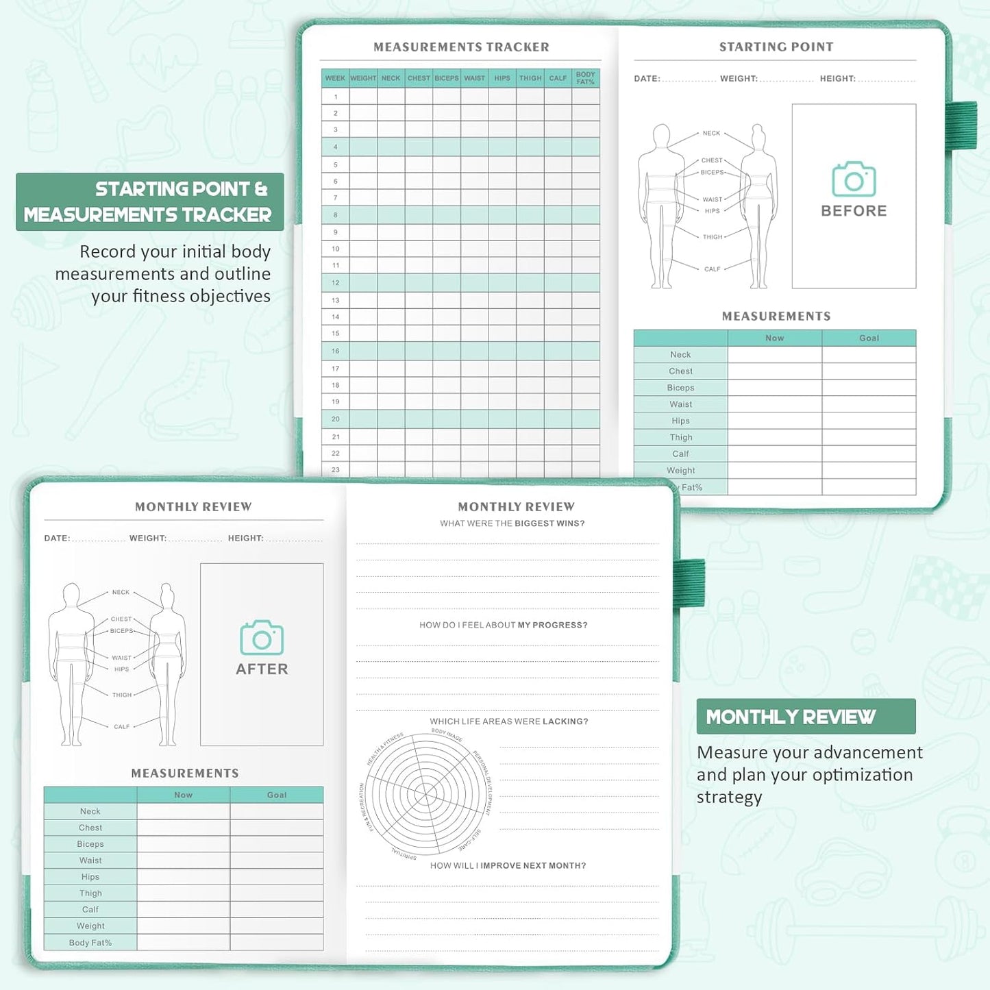 Food Journal & Workout Log Book: Daily Fitness Tracker & Food Diary with Calorie Counter | Exercise Planner Fitness Journal for Gym, Yoga, Weight Loss Goals | Workout Essentials for Women & Men, Green
