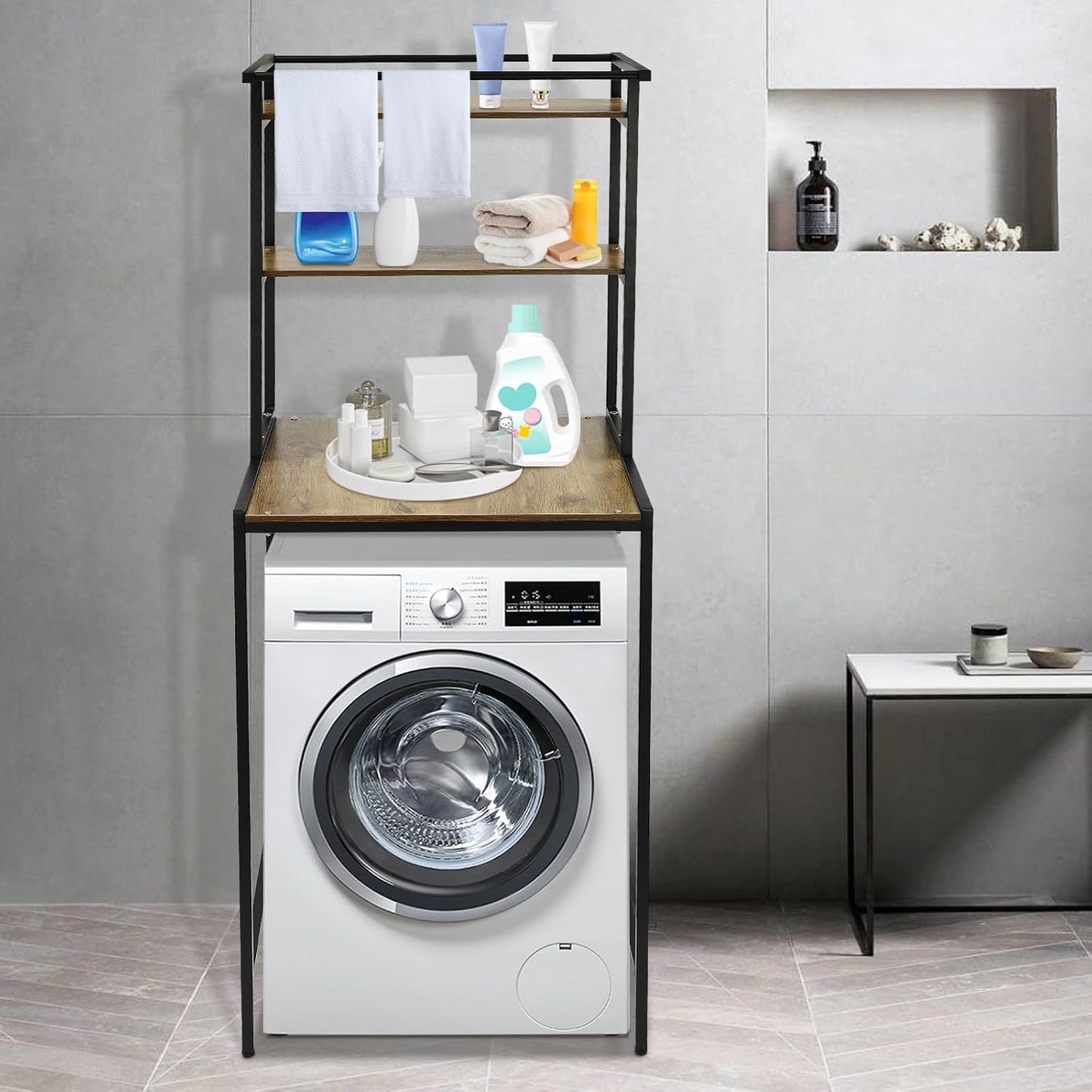 Over Washer and Dryer Storage Shelf Portable Organizer Rack Space Saver Standing Rack with Adjustable Feet for Bathroom Laundry Room (Black+Oak)