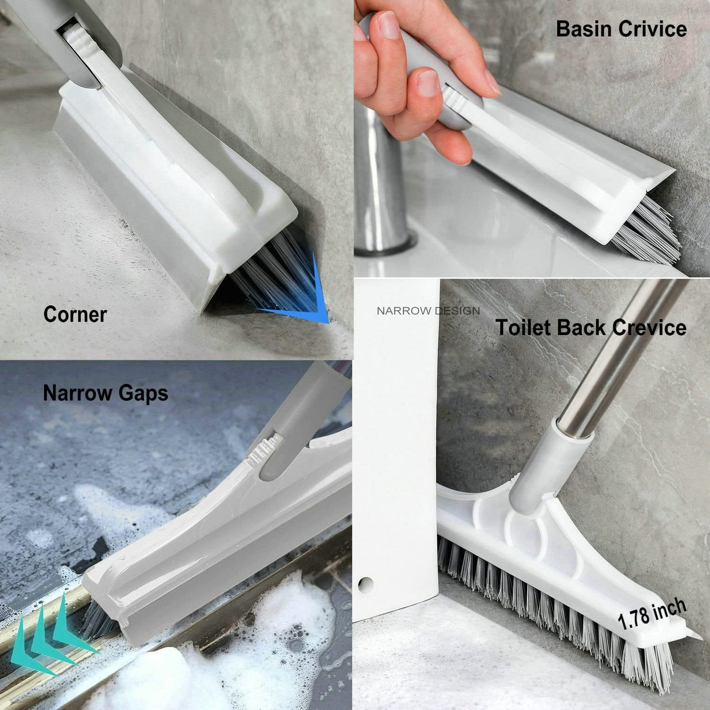 2 in 1 Cleaning Scrub Brush Grout Brush Scrapee 3 Poles 47.6'' Floor Scrub Brush with Long Handle V-Shape Stiff Bristle Brush Scrubber with Squeegee 120°Rotate Shower Scruber for Bathroom Glass