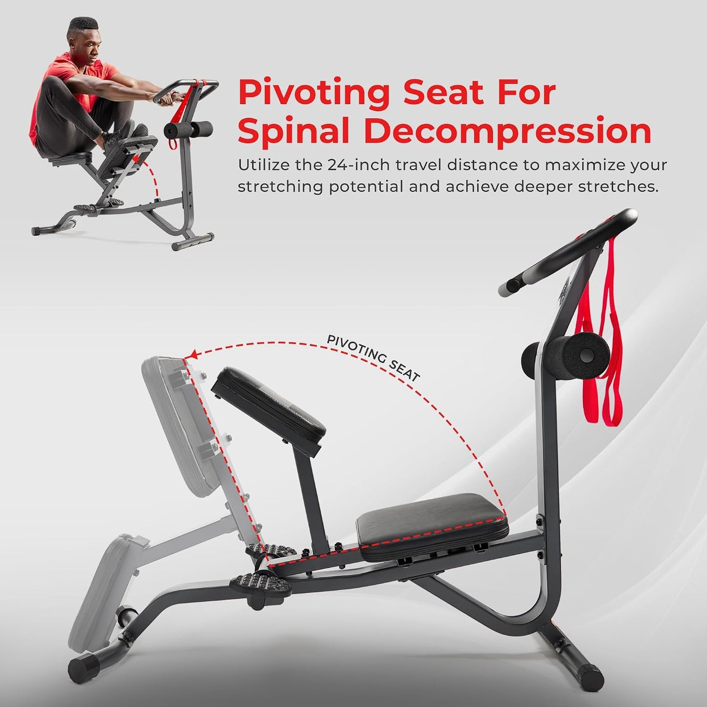 Sunny Health & Fitness Full Body Stretch Machine Back Stretcher Pivot Seat | Pivoting Seat, Multi-Use Handlebar, Padded Back Support, Full-Body Stretching, Flexibility Training, Home Gym Use