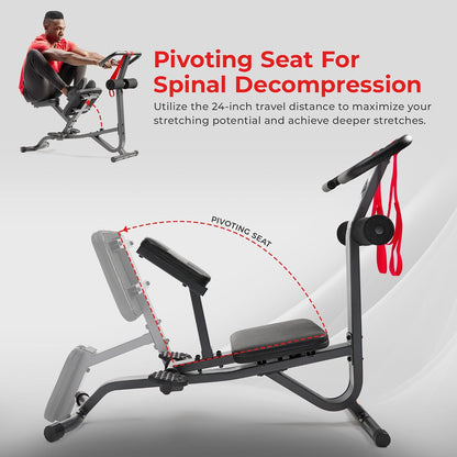 Sunny Health & Fitness Full Body Stretch Machine Back Stretcher Pivot Seat | Pivoting Seat, Multi-Use Handlebar, Padded Back Support, Full-Body Stretching, Flexibility Training, Home Gym Use