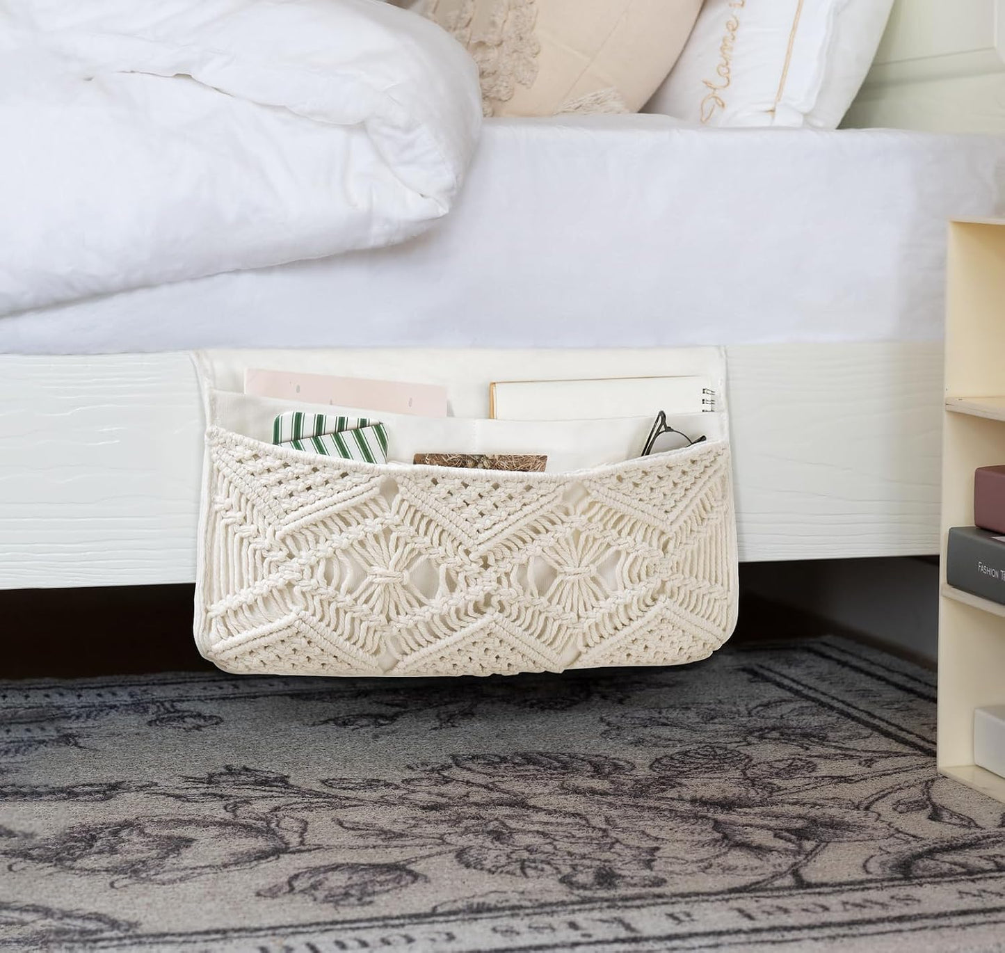 Mkono Macrame Bedside Caddy, Boho Bed Storage Organizer, 4 Pockets Ivory | Dorm Room Bed Caddy, Home Decor, Remote Control Magazine Glasses, Bedroom Living Room, Non-Slip, Space Saving Holder