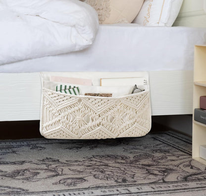 Mkono Macrame Bedside Caddy, Boho Bed Storage Organizer, 4 Pockets Ivory | Dorm Room Bed Caddy, Home Decor, Remote Control Magazine Glasses, Bedroom Living Room, Non-Slip, Space Saving Holder