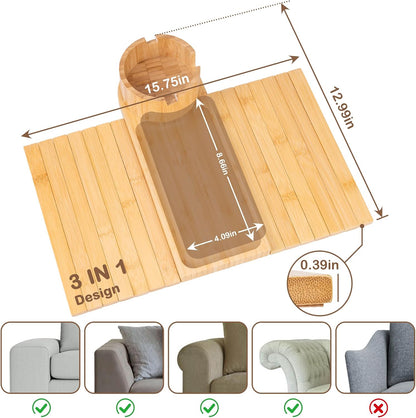 Couch Cup Holder for Armrests Over 4.9" Wide with 360° Phone Stand Walnut | Couch Arm Tray with 360° Rotating Phone Stand, 3 in 1 Foldable Sofa Arm Tray Table for Remote, Snacks, Phone, Drinks