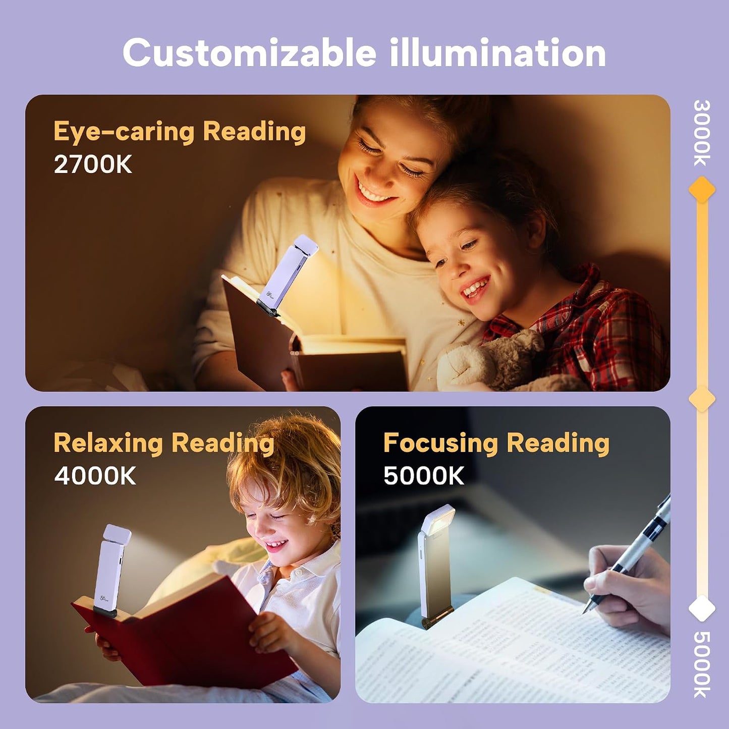 86lux Book Light, Rechargeable Reading Lights for Books in Bed | Ultralight Clip-on LED Bookmark Lamp with 3 Amber Colors & Stepless Dimming for Night Reading for Book Lovers, Ashen