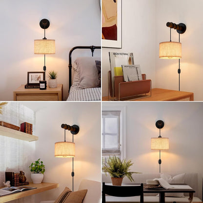 XSDeTu Battery Operated Wall Sconce with Remote, Rechargeable Battery Powered Wall Light, 3 Colors Dimmable Wall Mounted Lights, Adjustable Lamp for Bedroom Bedside, Wooden Arm, Fabric Shade, 2 Pcs