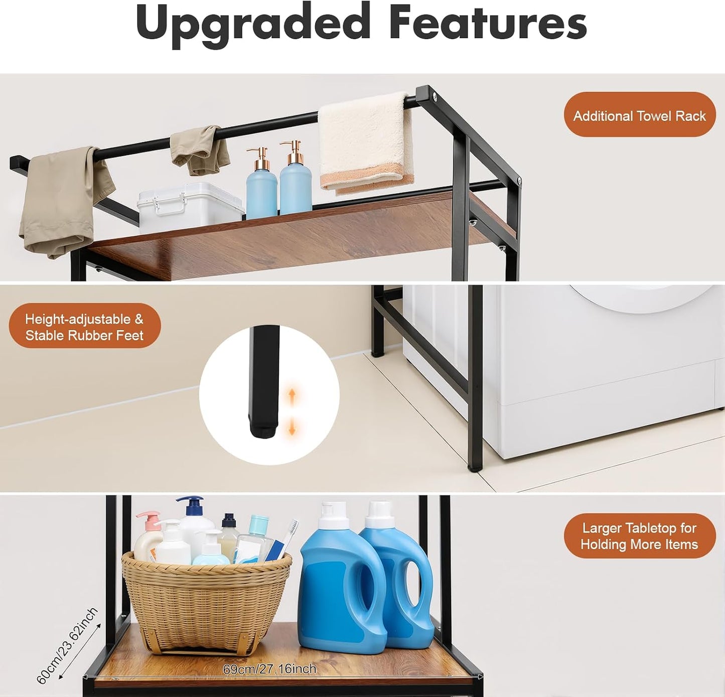 3 Tier Wooden Over The Washer and Dryer Storage Shelf, Bathroom Shelf Washing Machine Storage Shelves Utility Rack Freestanding Laundry Drying Rack Heavy Duty for Bathroom