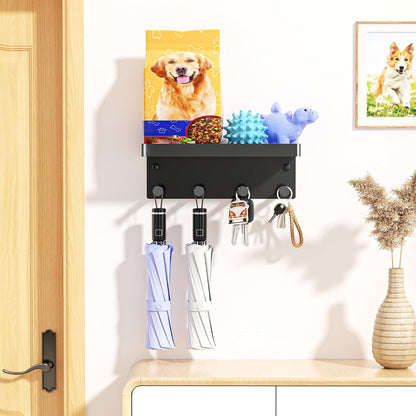 Dog Leash Holder for Wall, Key Holder Wall Mount, Metal Dog Leash Hooks, Pet Stuff Storage Shelf for Leash Hanger, Entryway Organizer Key Rack for Pet Collar, Treats, Toys, Mail (Black)