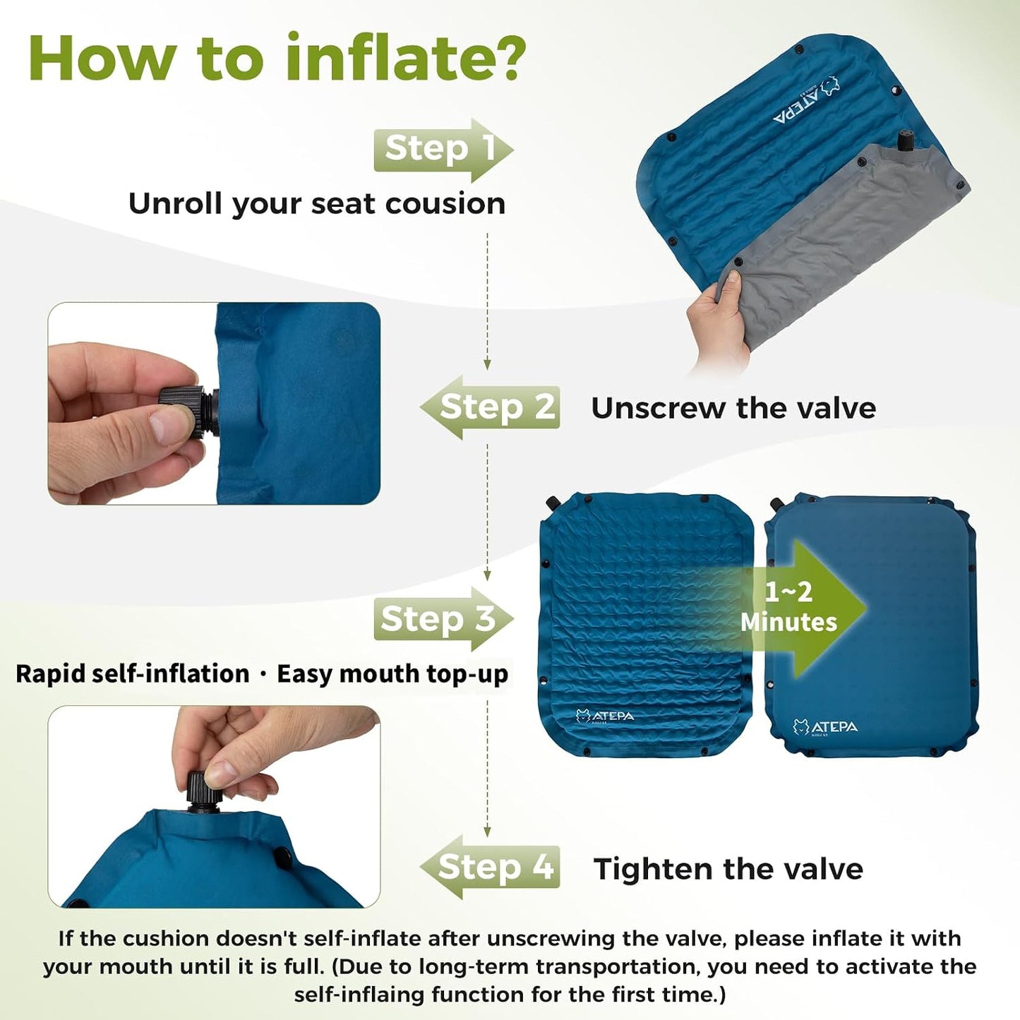 ATEPA Inflatable Seat Cushion | 2" & 2.5" foam core seat pad, Self inflating, Compact, Stadium, Airplane, Travel, Camping, Hiking, Sports events