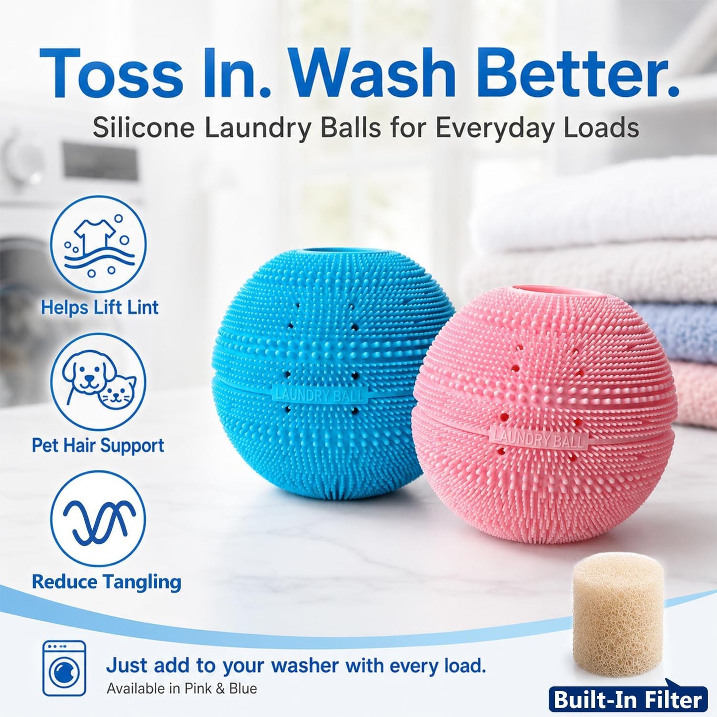 Reusable Laundry Ball for Washing Machine, Reusable Silicone Scrubber with Built-in Filter, Captures Pet Hair, Lint & Dirt, Helps Reduce Tangling, Fabric Safe, 1 Pack(Blue)