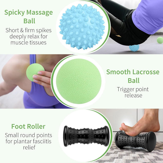 Maliton Massage Ball & Foot Roller - 3-in-1 Set with Spiky Ball, Lacrosse Ball, Massage Roller - Plantar Fasciitis Relief and Heel Spur Pain, Trigger Point Therapy for Deep Muscle Massage.