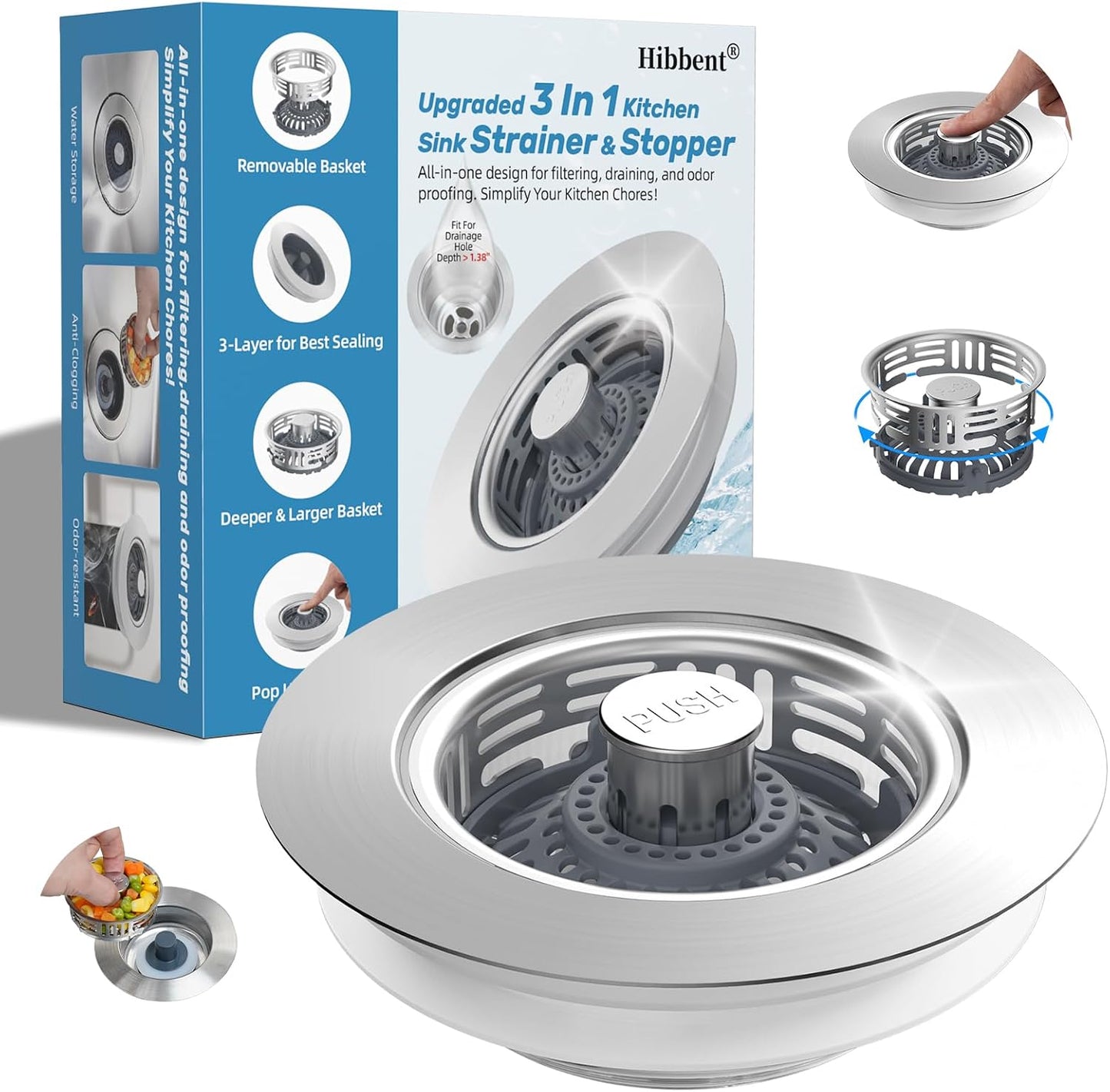 Hibbent 3 in 1 Kitchen Sink Drain Strainer, Metal Pop Up Stopper | Larger Anti-Clogging Basket, 3-Layer Seal, Detachable Sink Drain Plug for US Standard 3-1/2" Drain, Brushed Stainless Steel