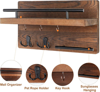 OurWarm Wall Mounted Key Holder/Hangers for Wall Decorative with 5 Key Hooks, Wooden Mail Rack Organizer with Shelf, Rustic Home Decor for Entryway Mudroom Hallway Office, Brown