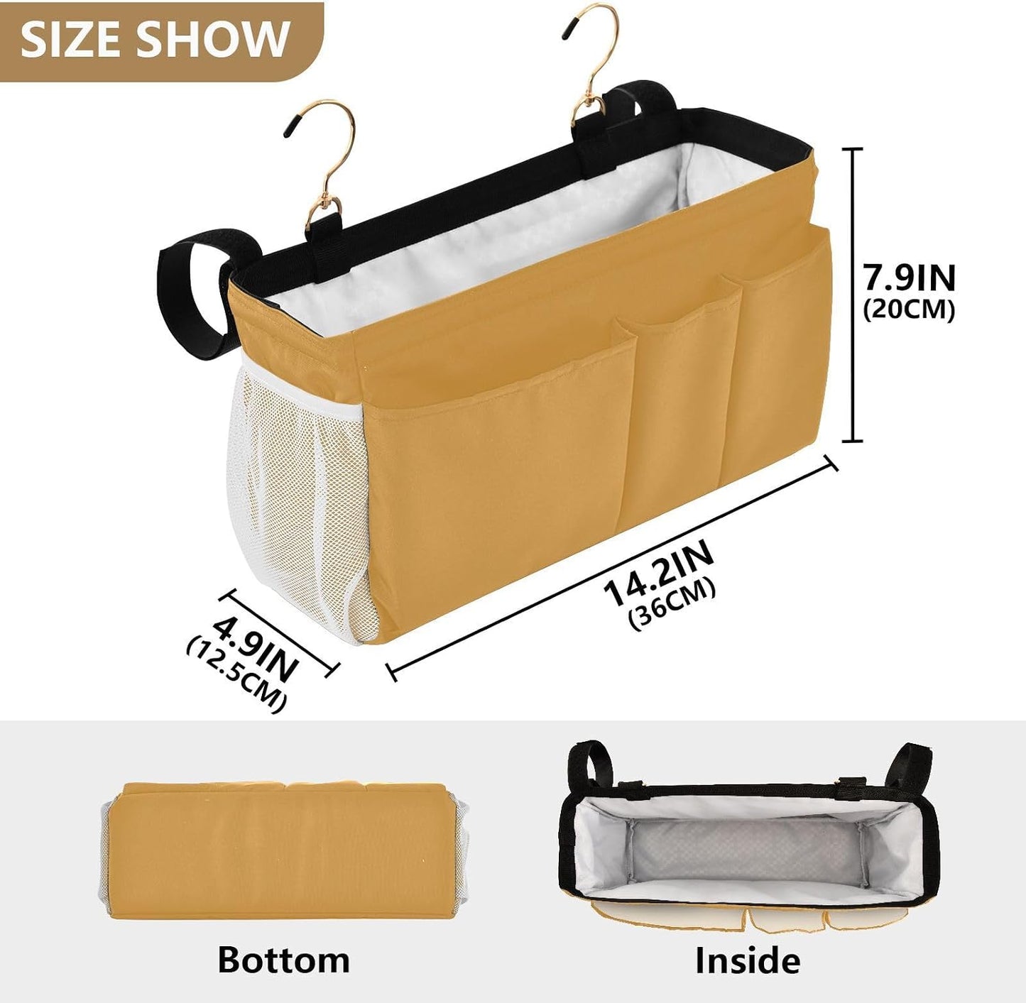 Black Bedside Caddy Storage Bag Bedside Organizer for Bed Rails College Dorm Room Organizer Caddy Hanging Shelf 6 Pockets with Hooks for Drinks Magazine Phone Holder