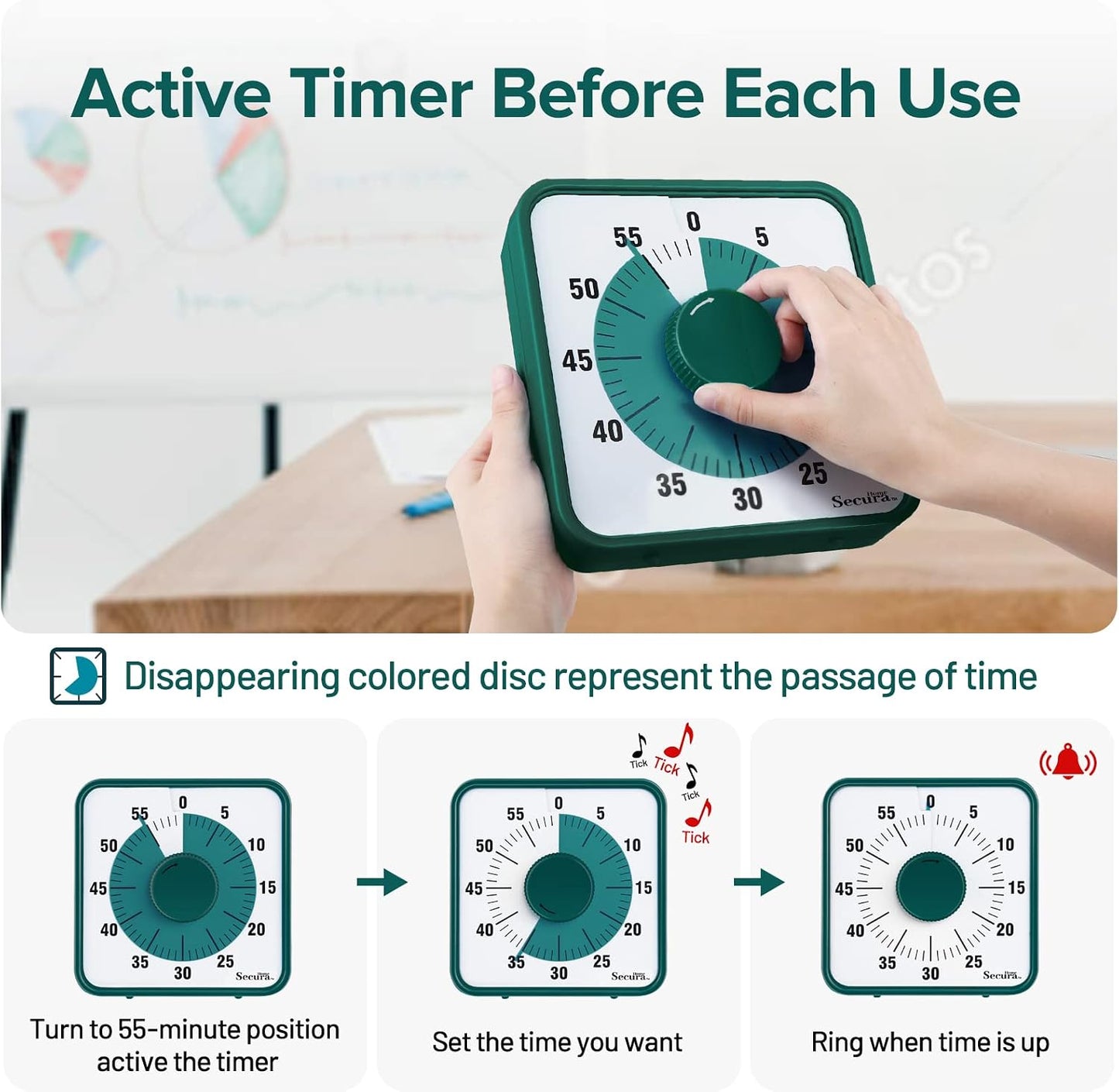 Secura Home 60-Minute Visual Timer, 7.5 Inch Oversize Countdown Timer Clock for Kids and Adults, Durable Mechanical Time Management Tool with Magnetic Backing （Sky Blue）