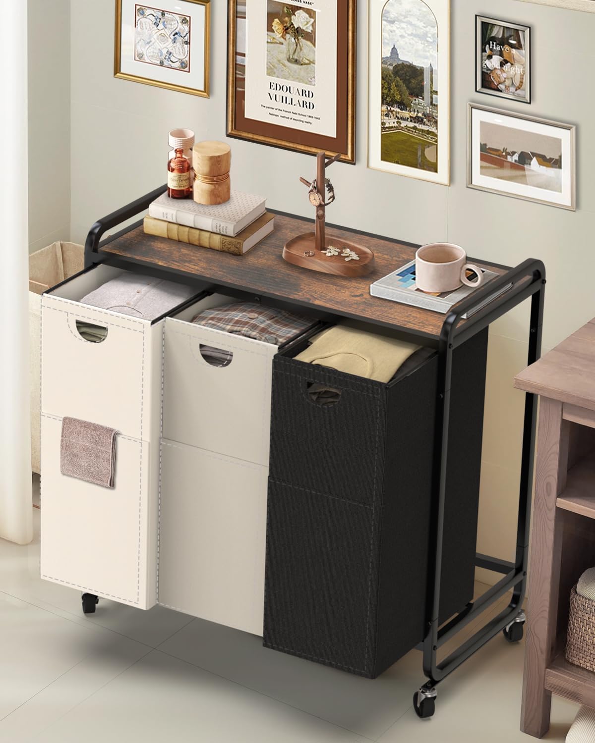 Laundry Sorter 3 Section,Laundry Basket with Wheels,3×15.8 Gal (60L) | Laundry Room Organization with Wooden Desktop Shelf,Pull-Out and Removable 900D Oxford Fabric Laundry Bags for Laundry Room