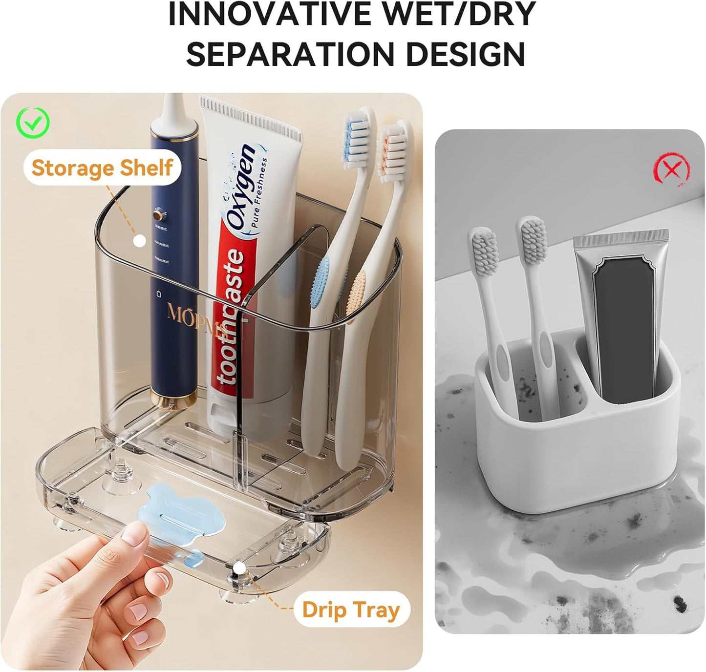 MOPMS Toothbrush Holders with Drainage for Bathrooms Countertop Organizer | 2 Slots Electric Toothbrush Holder Wall-Mount with Divider for Easy Clean, Tooth Brush and Toothpaste Holder for Bathroom