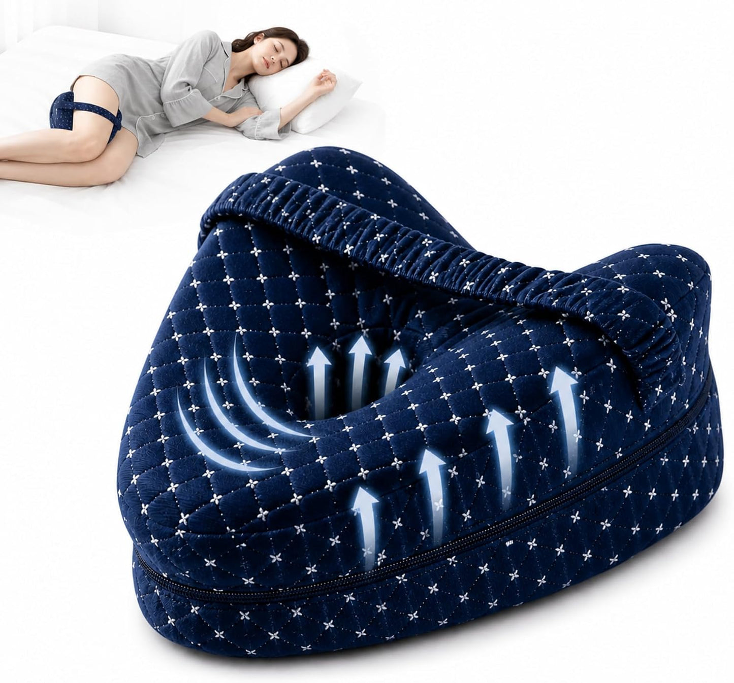 Alignment Pillow for Side Sleepers, Memory Foam Knee Pillow with Adjustable Strap, High-Density Leg Support for Hip, Back & Knee Pain Relief, Durable Side Sleeping Cushion (Navy Blue with White Dots)