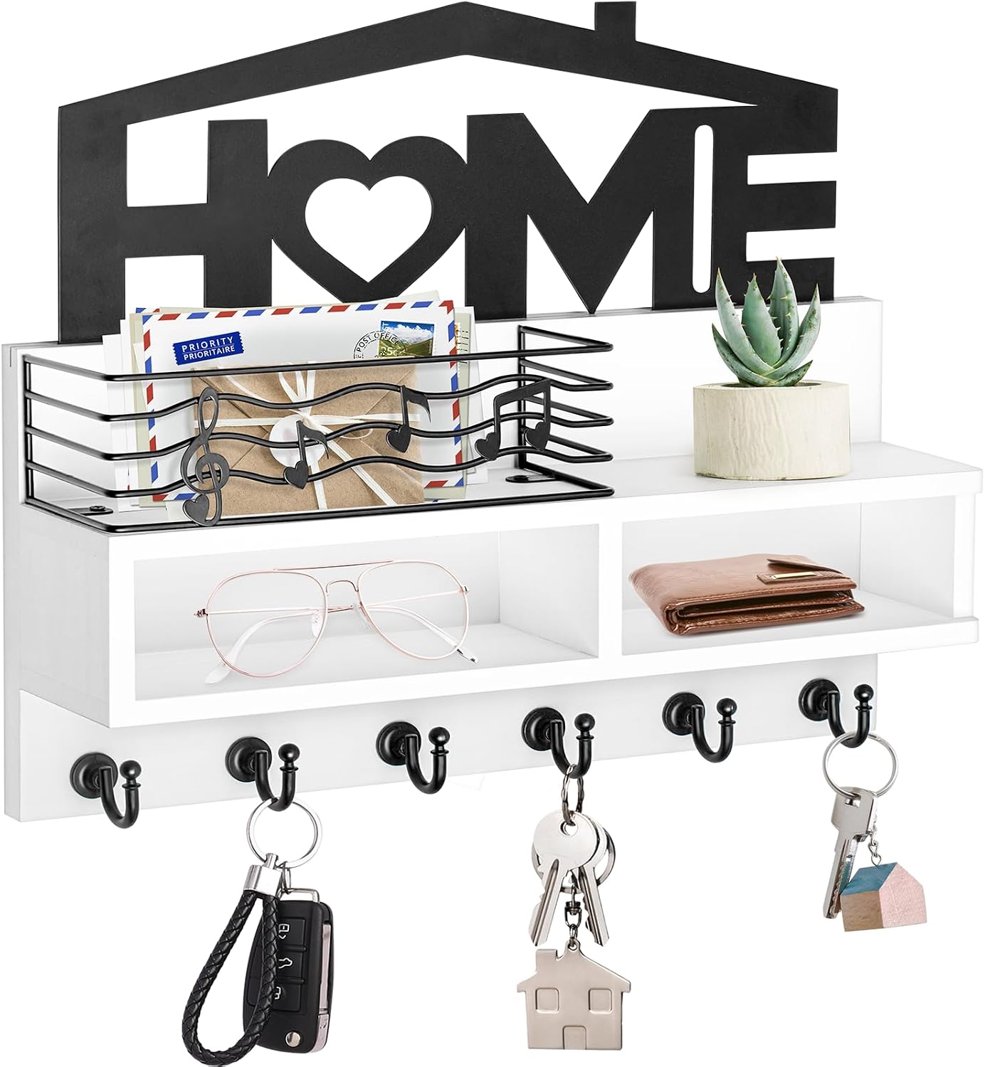 VIS'V Key Holder Wall Mount, Decorative Wood Mail and Key Organizer, White | Contains Iron Storage Basket, Small Shelf, 2 Compartments, 6 Hooks, for Entryway, Hallway, Doorway, Kitchen, Garage, RV