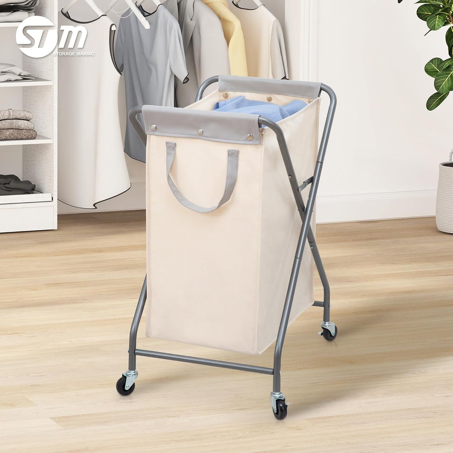 STORAGE MANIAC 160L Collapsible Laundry Hamper with Wheels, Rolling Laundry Basket, Heavy Duty Cloth Sorter with Removable Bag, Folding X Frame Clothes Organizer Cart for Easy to Store, 3 Section