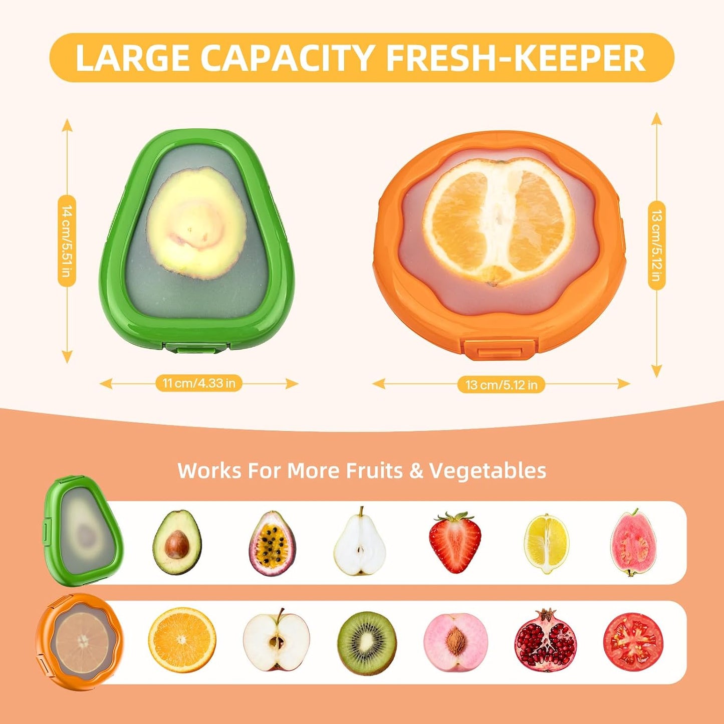 KMOSENIA Avocado Saver, Fruit Storage Containers for Fridge, 2 Pack | Avocado saver with silicone seal for fridge storage. Keeps cut fruits and vegetables fresh, organized and reusable.