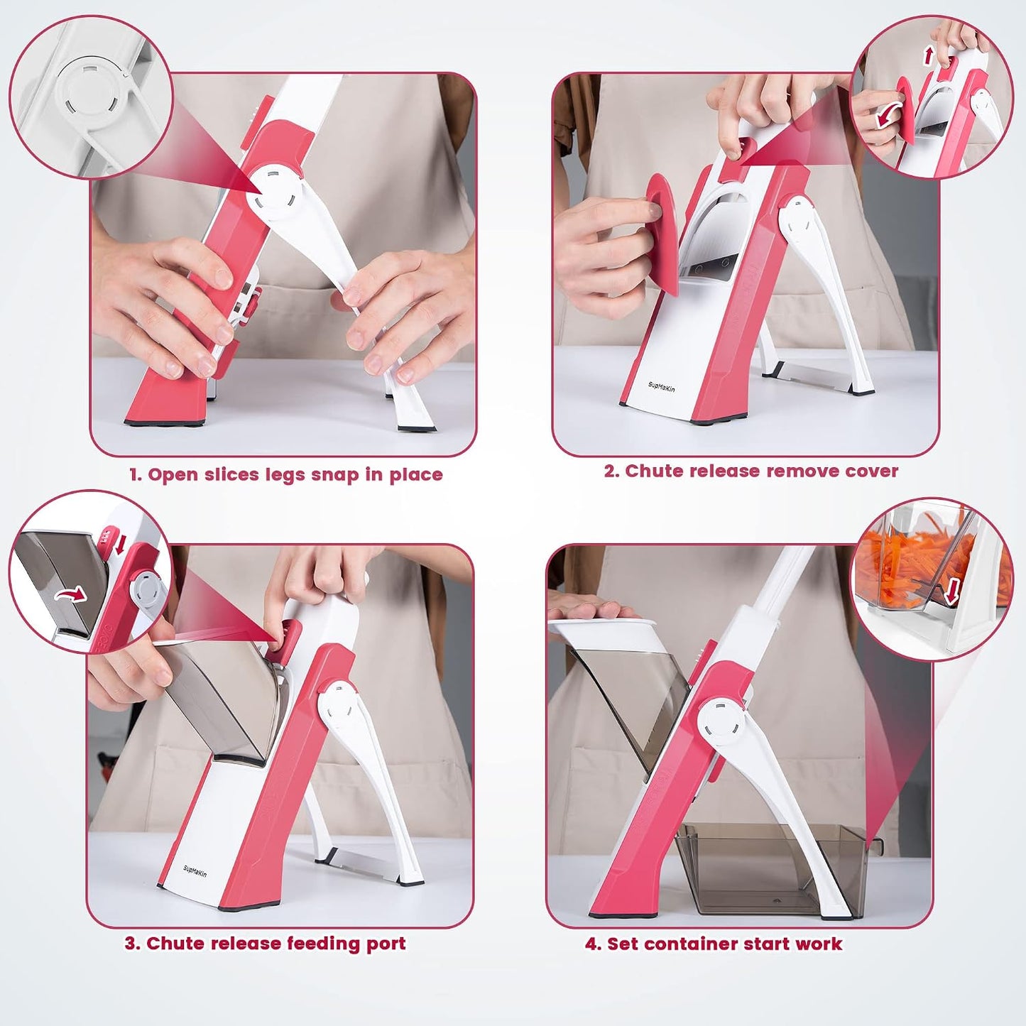 SupMaKin Safe Mandoline Slicer for Kitchen,Adjustable Potato Slicer 1-8 mm | 4 Modes Slice, Strips,Julienne Dicer,Vegetables Slicer Fry Food Cutter,Stainless Steel Blades, Foldable Dishwasher Safe,Gifts