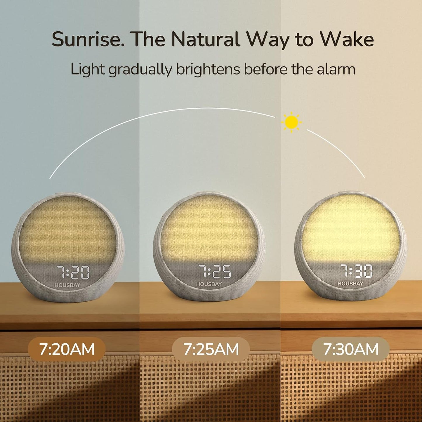 HOUSBAY MINI Sunrise Alarm Clock with Sound Machine | Rhythm Wake-Up Light, White Noise for Sleeping, Compact Phone-Free Bedrooms Clock, Putty