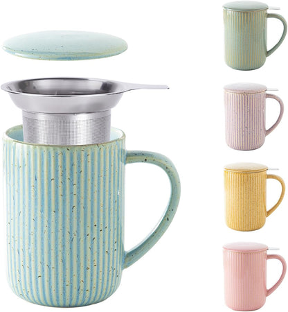 Yundu 15.5oz/470ml Flambe Purple Ceramics Teacups with Infuser and Lid, Loose Leaf Tea Cup