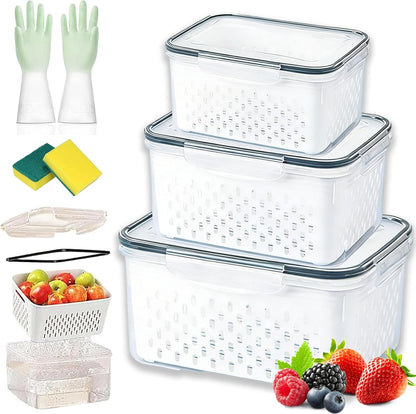 4 in 1 Food Storage Container with Lid, 2026 New Fruit Storage Containers for Fridge, Transparent Produce Storage Box with Drain Basket & Removable Colander for Salad Berry Vegetables (Blue, S/M/L)