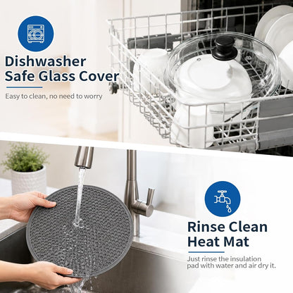 Glass Microwave Cover for Food, Tall Microwave Splatter Cover with Silicone Mat, Vent Holes, BPA Free, Dishwasher Safe, 10 Inch, High Borosilicate Glass Plate Lid with Side Tabs