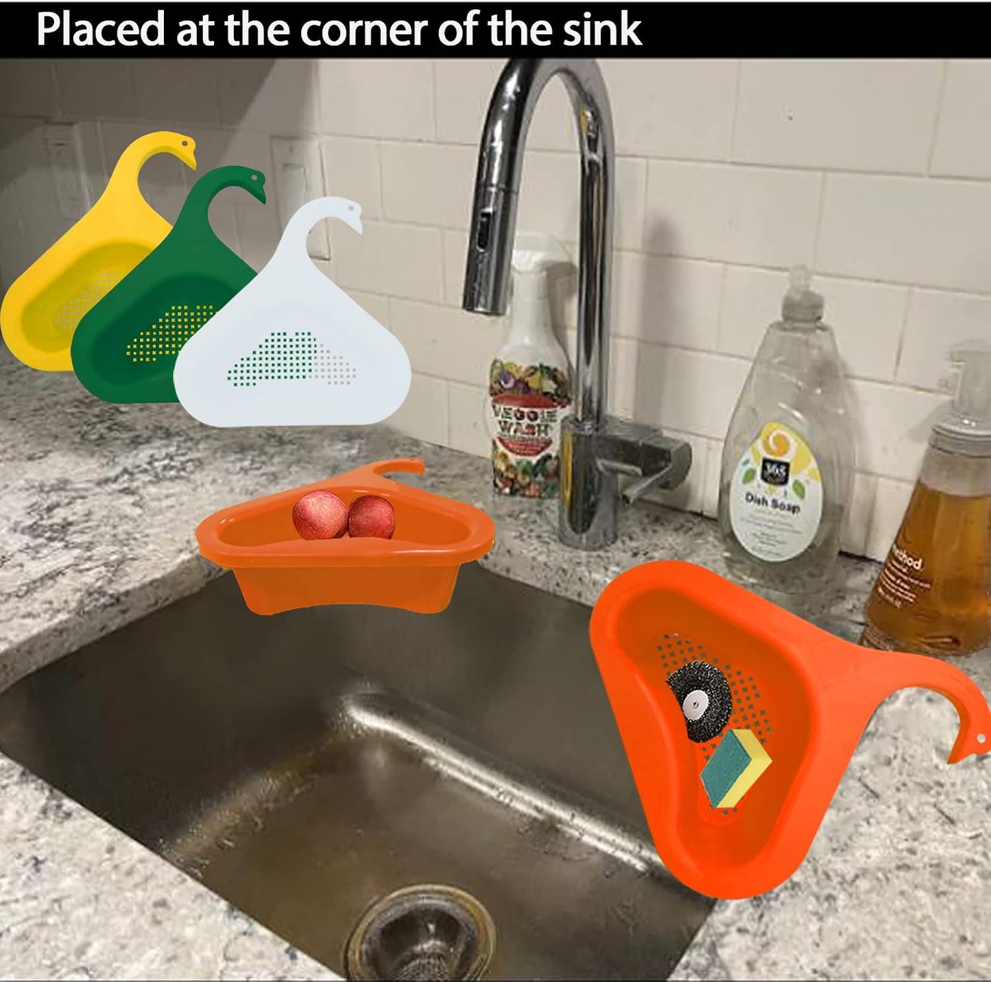 Kitchen sink drain basket swan drain rack, swan drain basket for kitchen sink, multifunctional drainer rack triangle Sink Filter vegetable and fruit drainer basket 4 PCS