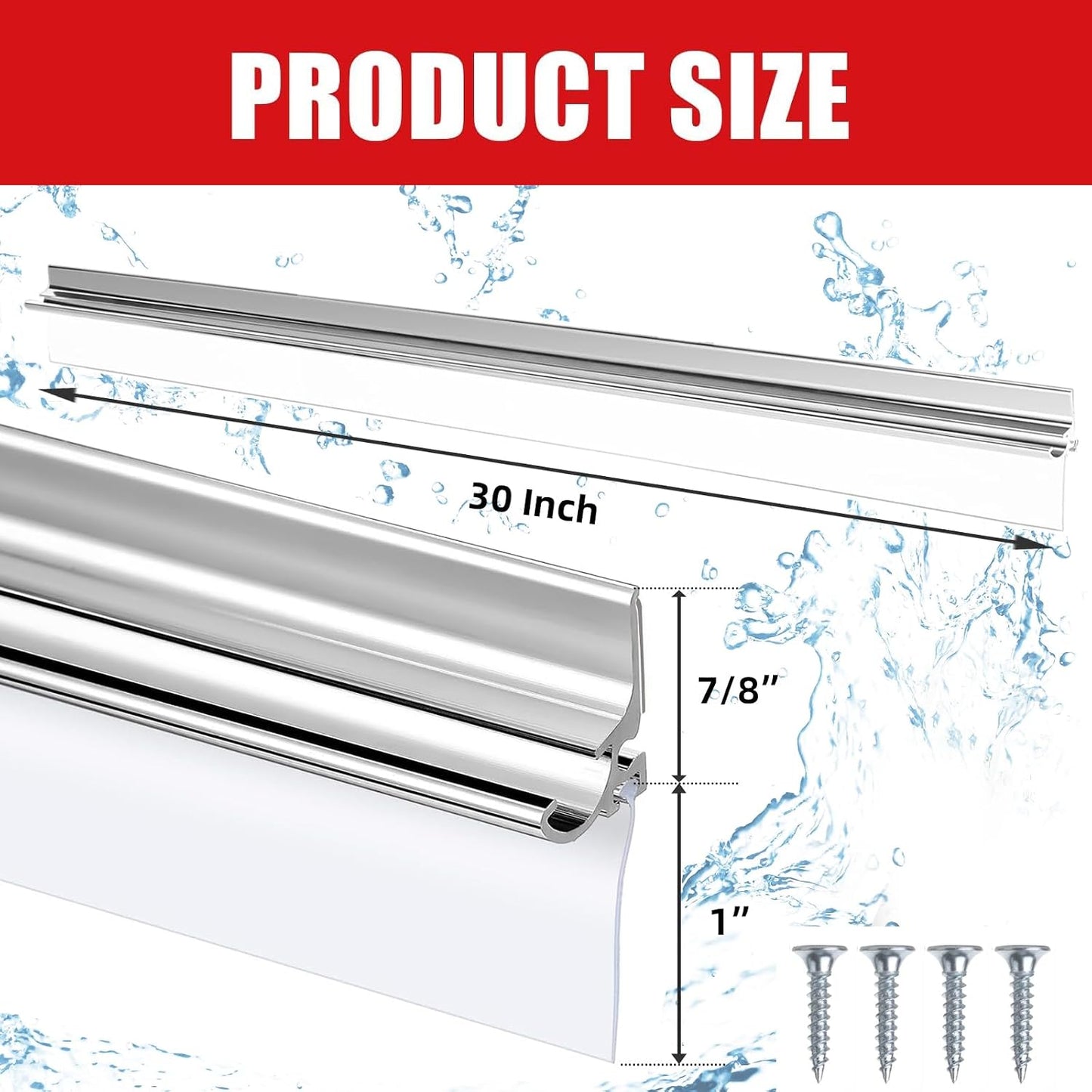 30" Chrome Framed Shower Door Replacement Drip Rail with Vinyl Sweep Door Water Deflector, Applied Mounting Tape and Screws (30Inch)