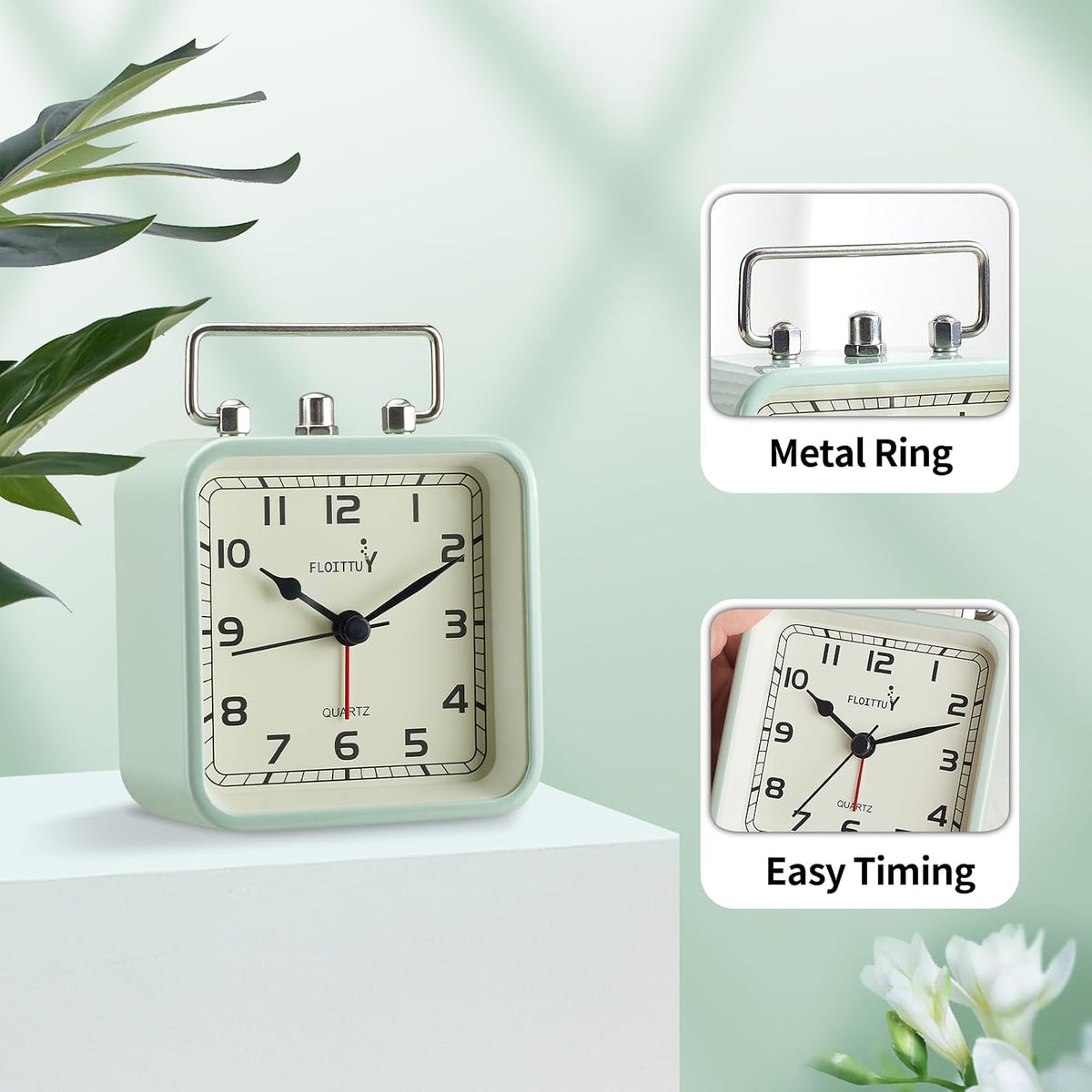 FLOITTUY Square Metal Beep Alarm Clock Silent No Ticking, Snooze and Battery Operated, Night Light and Desk Clock for Bedroom/Travel/Kids, Easy Set(Green)