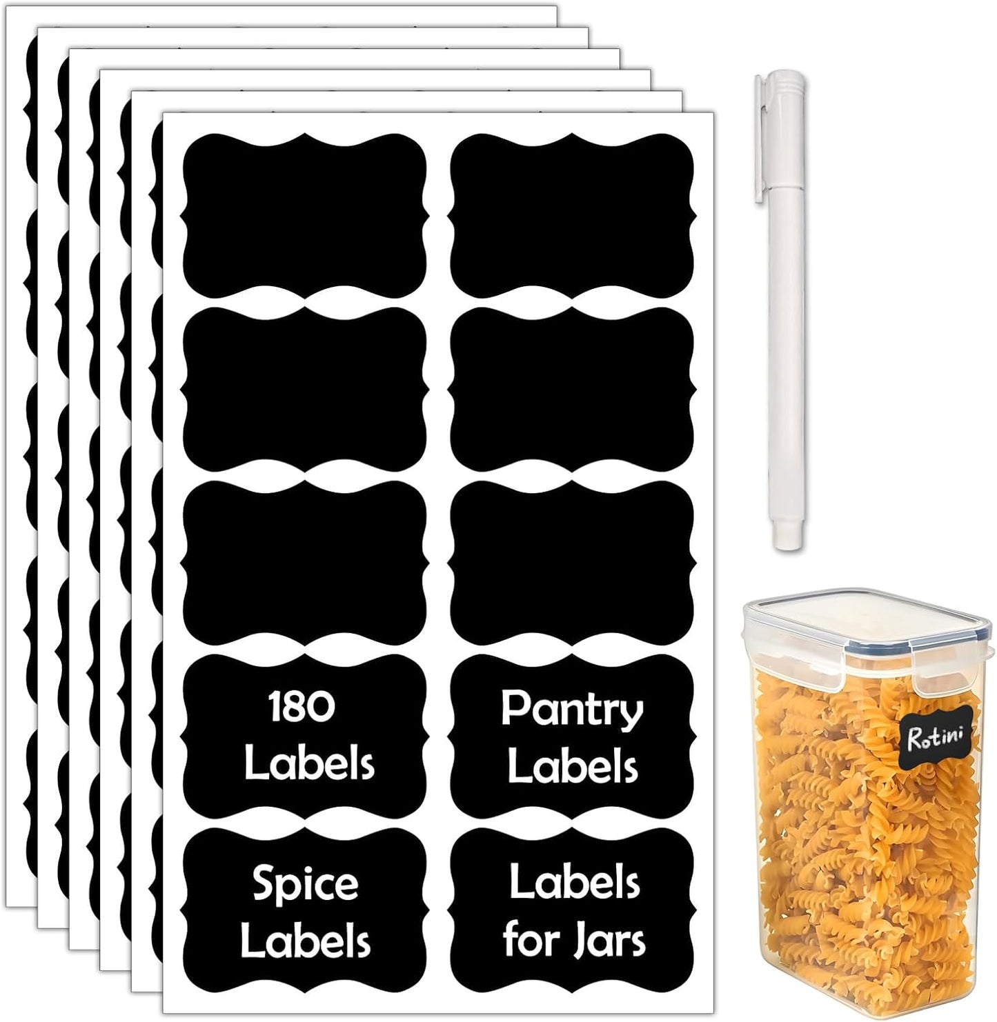 JIEHENG 180Pcs Labels for Jars,Black Wavy Stickers with 1 Chalk Markers | Black,Shape of Wavy,Reusable,Removable Labels for Storage Bins