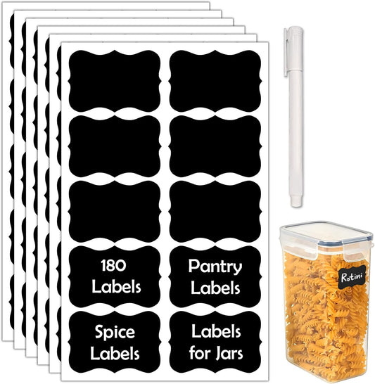 JIEHENG 180Pcs Labels for Jars,Black Wavy Stickers with 1 Chalk Markers