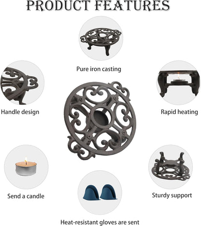 Cast Iron Teapot Warmer, Tea Pot Warmer with Tealight Holder, Portable Wind-Resistant Tea Pot Warmer Base with Candles & Pinch Mitts, for Heat Food Coffee Milk or Tea