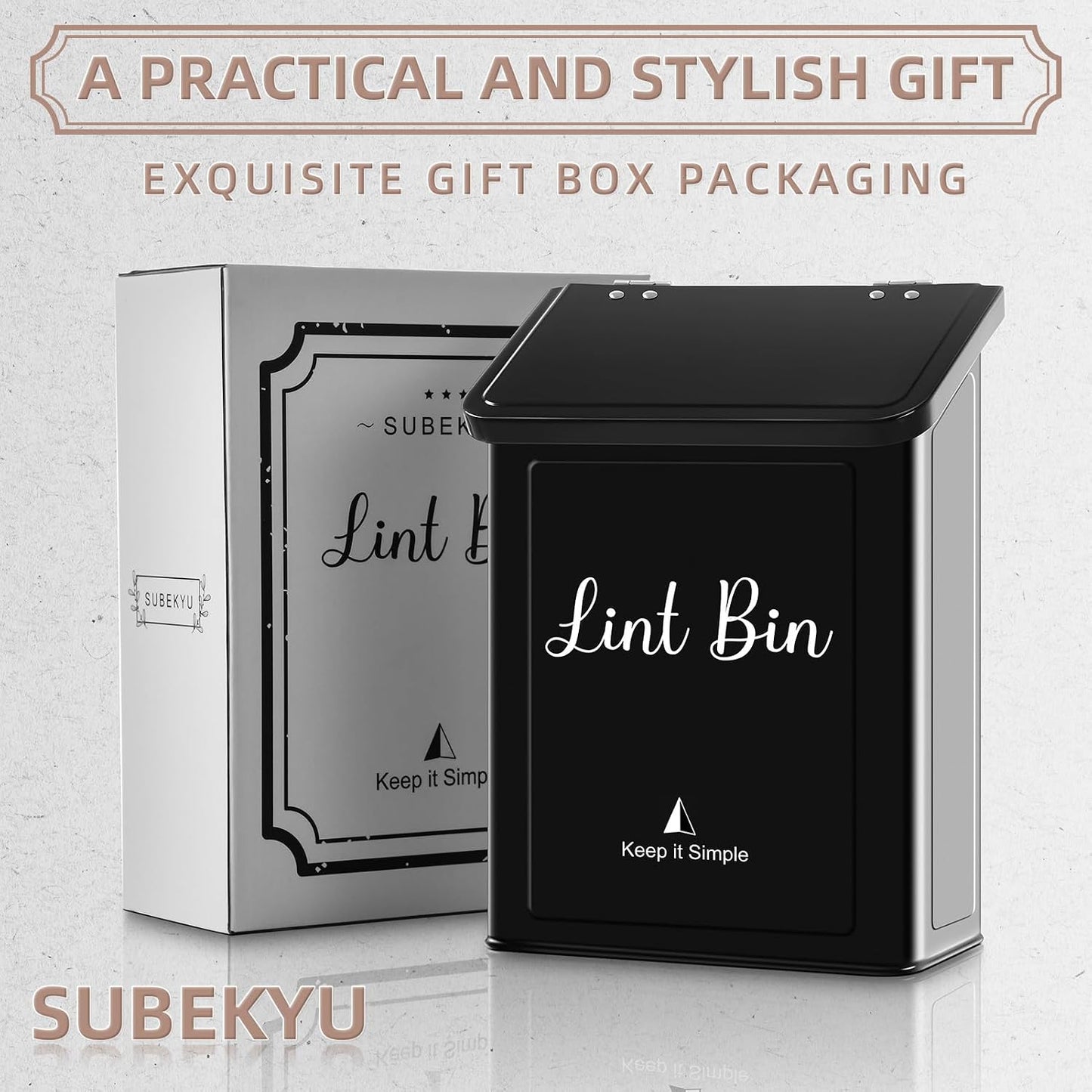 SUBEKYU Magnetic Lint Bin for Laundry Room Organization and Storage,White | Wall Mounted Metal Lint Box Holder Trash Can with Lid for Dryer,Lint Basket for Laundry Room Decor