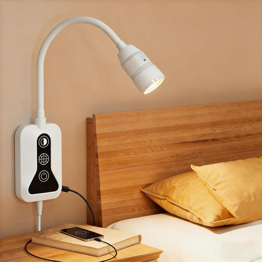 Wall Mounted Reading Light with Wave Sensor/Touch Switch, 5 Color & 5 Level Dimmable Touch Bed Lights for Reading with USB C Output, Eye-Care Reading Light for Bed,Heaboard, Dorm, Bedroom(White)